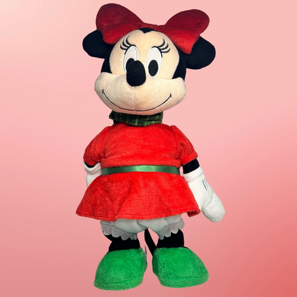 Disney Minnie Mouse Holiday Plush 12" Red Dress Green Shoes Christmas